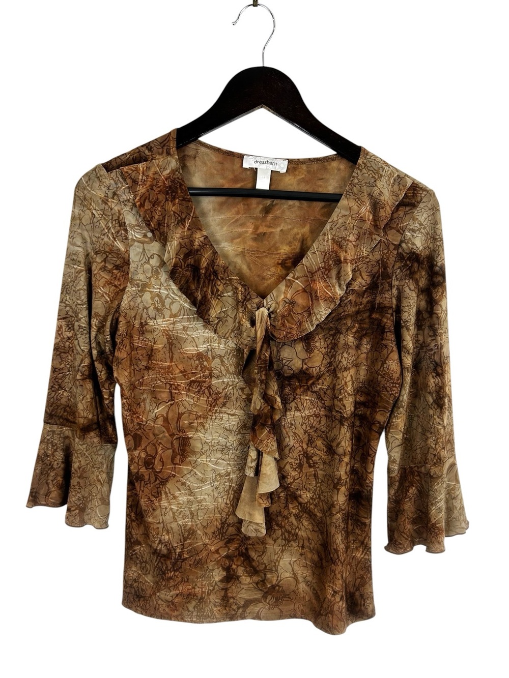 dressbarn Brown Printed Ruffle V-Neck Blouse Women's Size Medium Ethereal